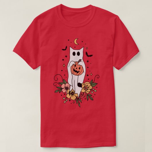 Cute Retro Black Cat Ghost Flower Fall Halloween C Tシャツ (デザイン正面)