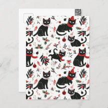 Cute Retro Black Cats Christmas Postcard