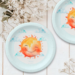 Cute Retro Blue Boho Flowers Sunshine Baby Shower ペーパープレート