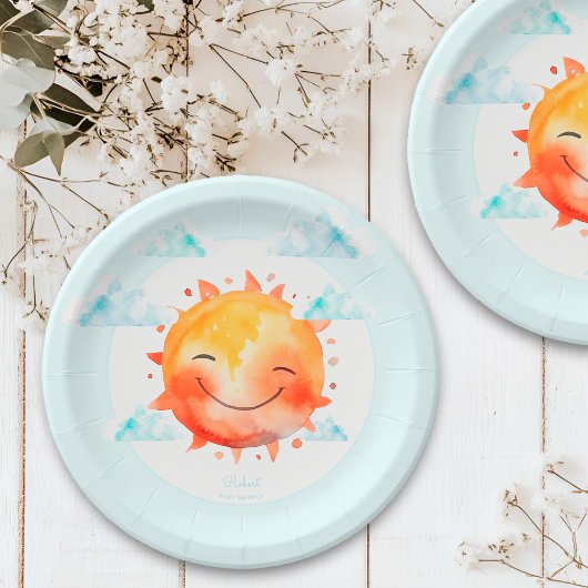 Cute Retro Blue Boho Flowers Sunshine Baby Shower ペーパープレート