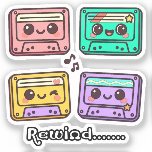 Cute Retro Cassette Tape "Rewind" Kawaii Design シール (正面)