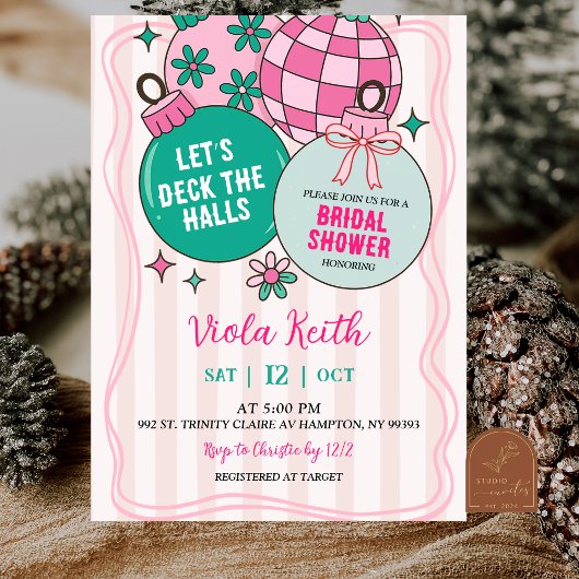 Cute Retro Christmas Deck the Halls Bridal Shower 招待状