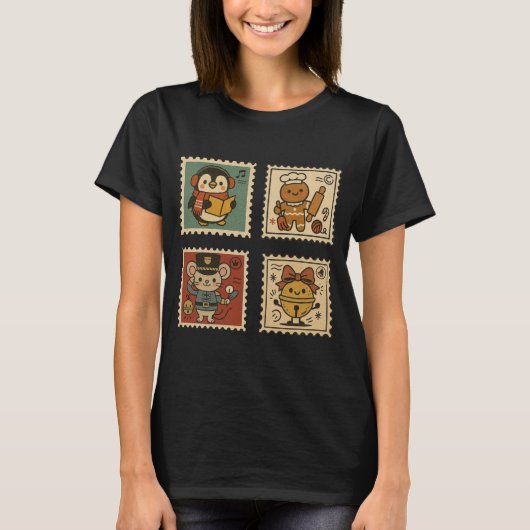 Cute Retro Christmas Stamp Collage Women’s T-Shirt Tシャツ (正面)
