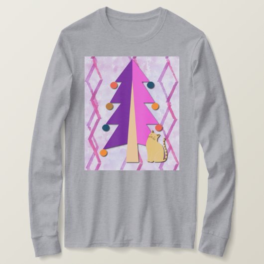 Cute Retro Christmas Tree and Cat Art on T-Shirt Tシャツ (デザイン正面)
