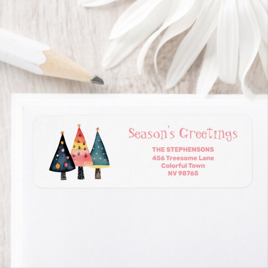 Cute Retro Christmas Trees Pink Address Labels ラベル (インサイチュ)
