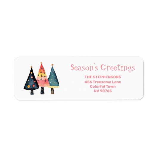Cute Retro Christmas Trees Pink Address Labels ラベル (正面)