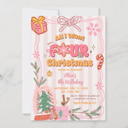 Cute Retro Christmas Winter 4th Birthday 招待状 (正面)