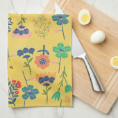 Cute retro floral pattern mustard Pink Green キッチンタオル (四つ折り)