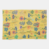 Cute retro floral pattern mustard Pink Green キッチンタオル (横)
