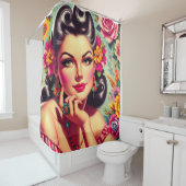 Cute Retro Floral Pin-up Portrait シャワーカーテン (インサイチュ)