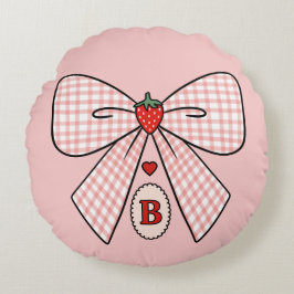 Cute Retro Monogram Initials Strawberry Coquette ラウンドクッション