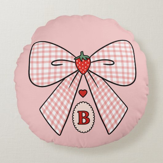 Cute Retro Monogram Initials Strawberry Coquette ラウンドクッション (正面)