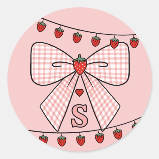 Cute Retro Monogram Initials Strawberry Coquette ラウンドシール (正面)