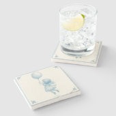 Cute retro pastel blue whimsical girl with balloon ストーンコースター (横)