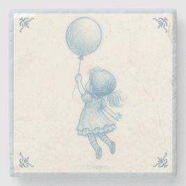 Cute retro pastel blue whimsical girl with balloon ストーンコースター