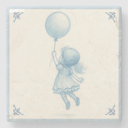 Cute retro pastel blue whimsical girl with balloon ストーンコースター (正面)