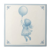 Cute retro pastel blue whimsical girl with balloon タイル (正面)
