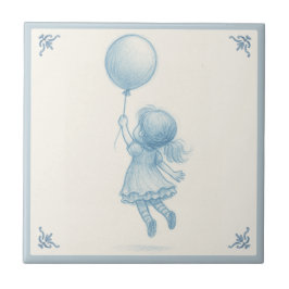 Cute retro pastel blue whimsical girl with balloon タイル