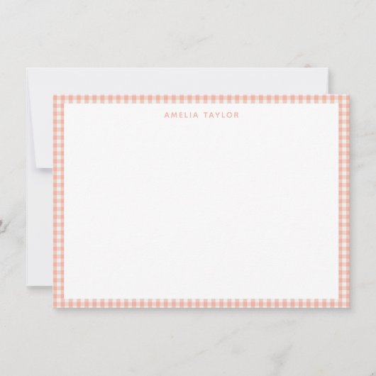 Cute Retro Peach Pink Gingham Plaid Personalized ノートカード (正面)