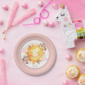 Cute Retro Pink Boho Flowers Sunshine Baby Shower ペーパープレート (パーティー)