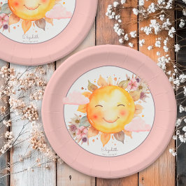 Cute Retro Pink Boho Flowers Sunshine Baby Shower ペーパープレート