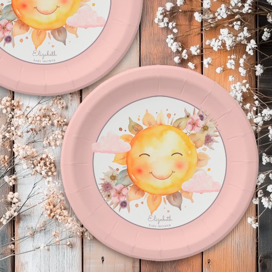 Cute Retro Pink Boho Flowers Sunshine Baby Shower ペーパープレート