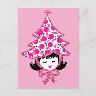 Cute Retro Pink Christmas Girl with Tree Hat シーズンポストカード