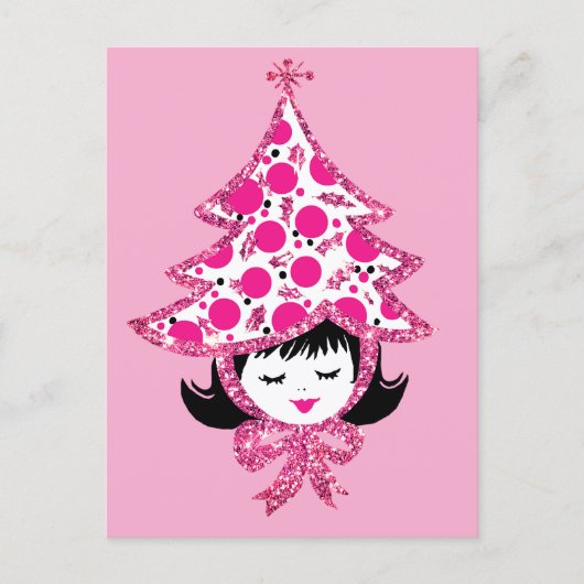 Cute Retro Pink Christmas Girl with Tree Hat シーズンポストカード (正面)