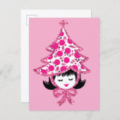 Cute Retro Pink Christmas Girl with Tree Hat シーズンポストカード (正面/裏面)