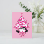 Cute Retro Pink Christmas Girl with Tree Hat シーズンポストカード (スタンド正面)