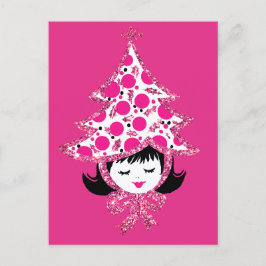 Cute Retro Pink Christmas Girl with Tree Hat シーズンポストカード