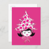 Cute Retro Pink Christmas Girl with Tree Hat シーズンポストカード (正面/裏面)