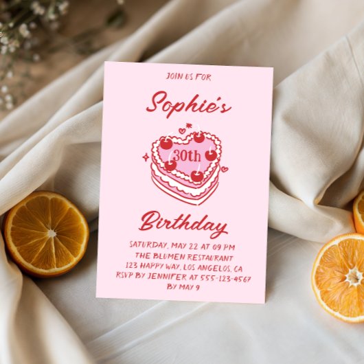 Cute Retro Pink Heart Cake 30th Birthday Party 招待状