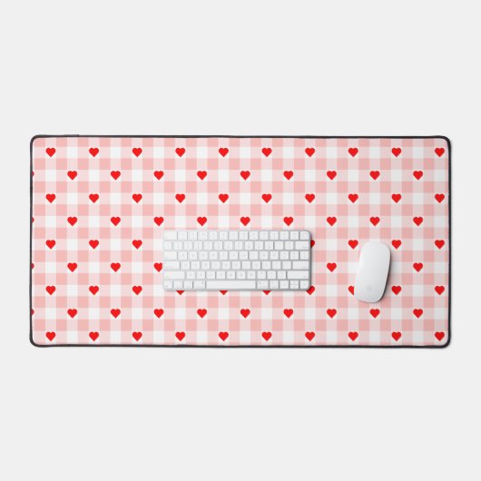 Cute Retro Pink Heart Gingham Plaid pattern デスクマット (キーボード&マウス)