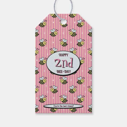 Cute Retro Pink Striped Bumblebee Birthday ギフトタグ (正面)