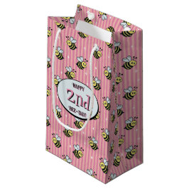 Cute Retro Pink Striped Bumblebee Birthday スモールペーパーバッグ