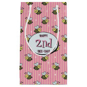 Cute Retro Pink Striped Bumblebee Birthday スモールペーパーバッグ (正面)