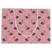 Cute Retro Pink Striped Bumblebee Birthday ラージペーパーバッグ (裏面)