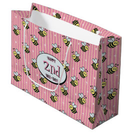 Cute Retro Pink Striped Bumblebee Birthday ラージペーパーバッグ