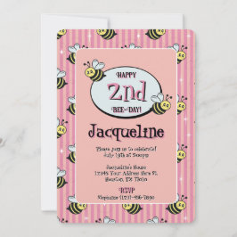 Cute Retro Pink Striped Bumblebee Birthday 招待状