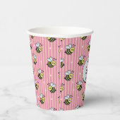 Cute Retro Pink Striped Bumblebee Birthday 紙コップ (右)