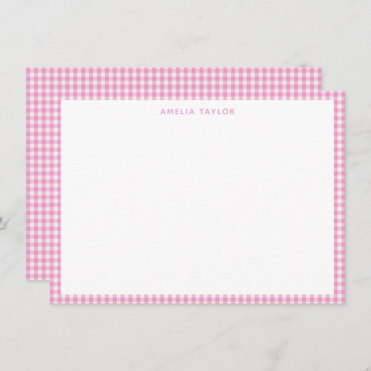 Cute Retro Pink White Gingham Plaid Personalized ノートカード (正面/裏面)