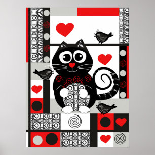 Cute retro poster with cat, birds, hearts and dots ポスター