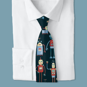 Cute Retro Robot Pattern Dark ネクタイ