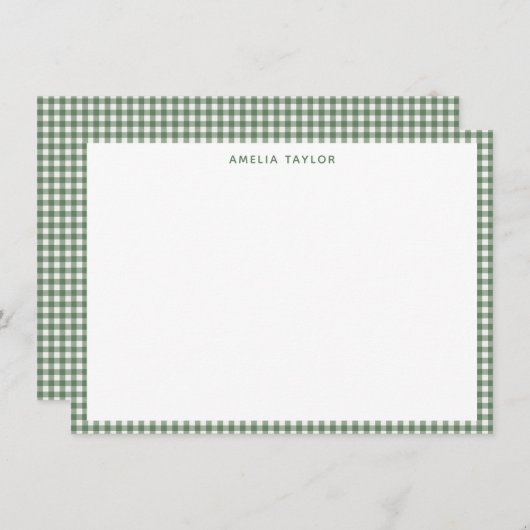 Cute Retro Sage Green Gingham Plaid Personalized ノートカード (正面/裏面)