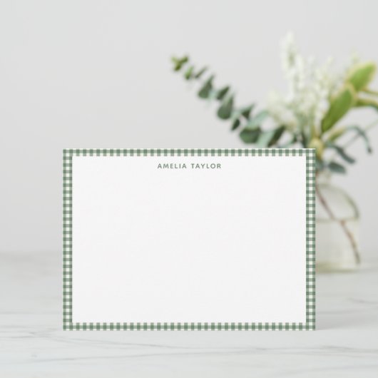 Cute Retro Sage Green Gingham Plaid Personalized ノートカード (スタンド正面)