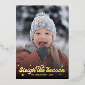 Cute Retro Sleigh The Season Photo Christmas Snow 箔シーズンカード (正面)