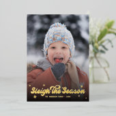 Cute Retro Sleigh The Season Photo Christmas Snow 箔シーズンカード (立ち正面)