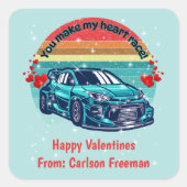 Cute Retro Sun Kids Valentines Car スクエアシール (正面)