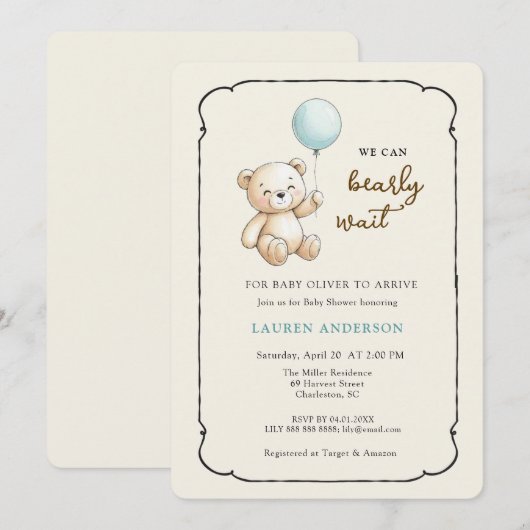 Cute Retro Teddy Bear, Boy Baby shower 招待状 (正面/裏面)